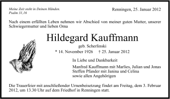 Traueranzeige von Hildegard Kauffmann von Leonberger Kreiszeitung / Strohgäu Extra