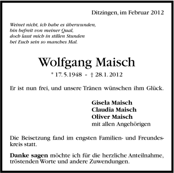 Traueranzeige von Wolfgang Maisch von Stuttgarter Zeitung / Stuttgarter Nachrichten