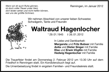 Traueranzeige von Waltraud Hagenlocher von Leonberger Kreiszeitung / Strohgäu Extra