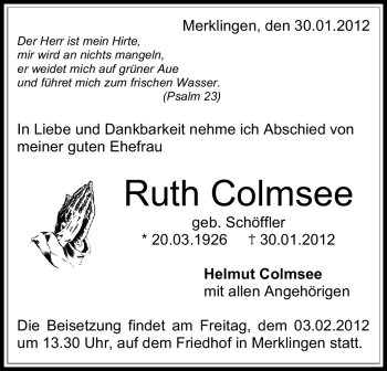 Traueranzeige von Ruth Colmsee von Stuttgarter Zeitung / Stuttgarter Nachrichten