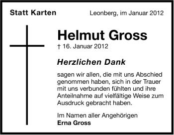 Traueranzeige von Helmut Gross von Leonberger Kreiszeitung / Strohgäu Extra