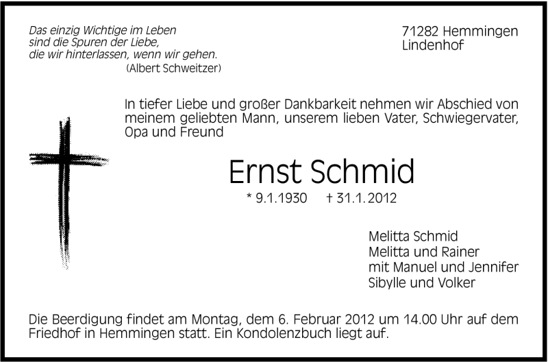  Traueranzeige für Ernst Schmid vom 02.02.2012 aus Leonberger Kreiszeitung / Strohgäu Extra