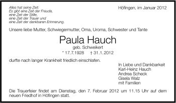 Traueranzeige von Paula Hauch von Stuttgarter Zeitung / Stuttgarter Nachrichten