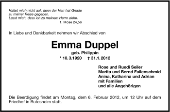 Traueranzeige von Emma Duppel von Leonberger Kreiszeitung / Strohgäu Extra