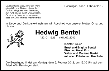 Traueranzeige von Hedwig Bentel von Stuttgarter Zeitung / Stuttgarter Nachrichten
