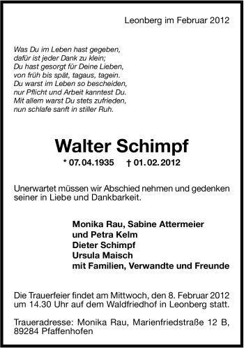 Traueranzeige von Walter Schimpf von Stuttgarter Zeitung / Stuttgarter Nachrichten