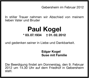 Traueranzeige von Paul Kogel von Stuttgarter Zeitung / Stuttgarter Nachrichten
