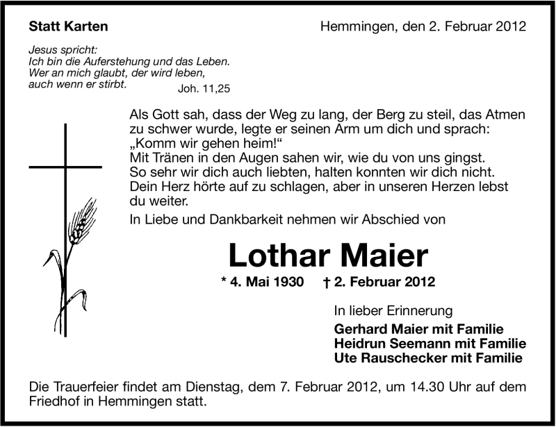  Traueranzeige für Lothar Maier vom 04.02.2012 aus Leonberger Kreiszeitung / Strohgäu Extra