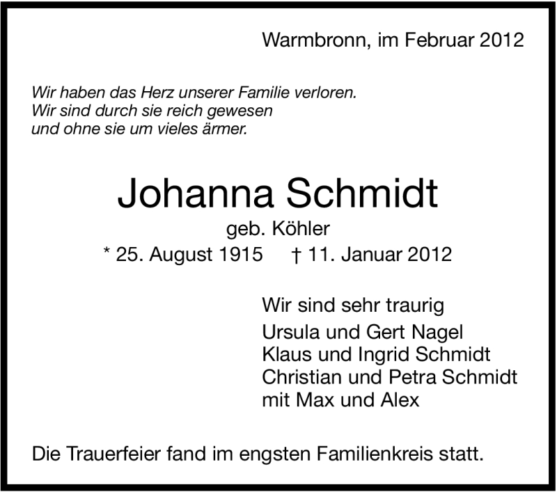  Traueranzeige für Johanna Schmidt vom 09.02.2012 aus Stuttgarter Zeitung / Stuttgarter Nachrichten