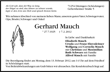 Traueranzeige von Gerhard Mauch von Stuttgarter Zeitung / Stuttgarter Nachrichten