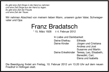 Traueranzeige von Franz Bradatsch von Stuttgarter Zeitung / Stuttgarter Nachrichten
