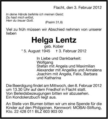 Traueranzeige von Helga Lentz von Stuttgarter Zeitung / Stuttgarter Nachrichten