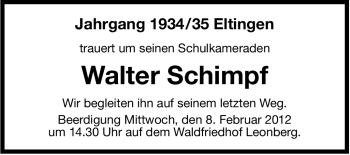 Traueranzeige von Walter Schimpf von Stuttgarter Zeitung / Stuttgarter Nachrichten