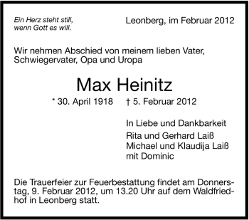 Traueranzeige von Max Heinitz von Stuttgarter Zeitung / Stuttgarter Nachrichten