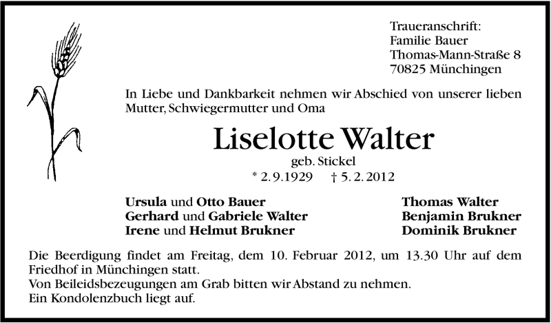  Traueranzeige für Lieselotte Walter vom 07.02.2012 aus Stuttgarter Zeitung / Stuttgarter Nachrichten