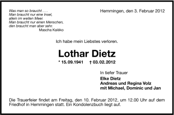 Traueranzeige von Lothar Dietz von Leonberger Kreiszeitung / Strohgäu Extra
