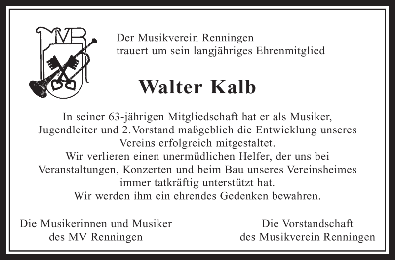  Traueranzeige für Walter Kalb vom 08.02.2012 aus Leonberger Kreiszeitung / Strohgäu Extra