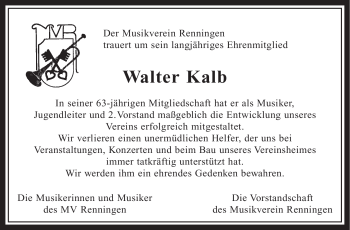 Traueranzeige von Walter Kalb von Leonberger Kreiszeitung / Strohgäu Extra