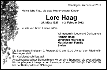 Traueranzeige von Lore Haag von Leonberger Kreiszeitung / Strohgäu Extra