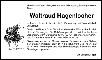 Traueranzeige von Waltraud Hagenlocher von Leonberger Kreiszeitung / Strohgäu Extra