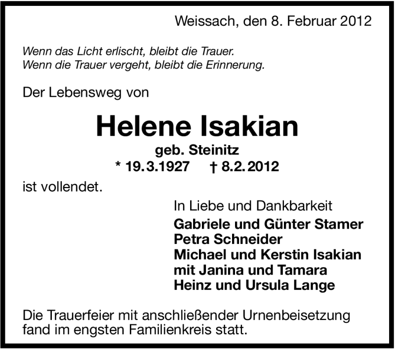  Traueranzeige für Helene Isakian vom 20.02.2012 aus Stuttgarter Zeitung / Stuttgarter Nachrichten