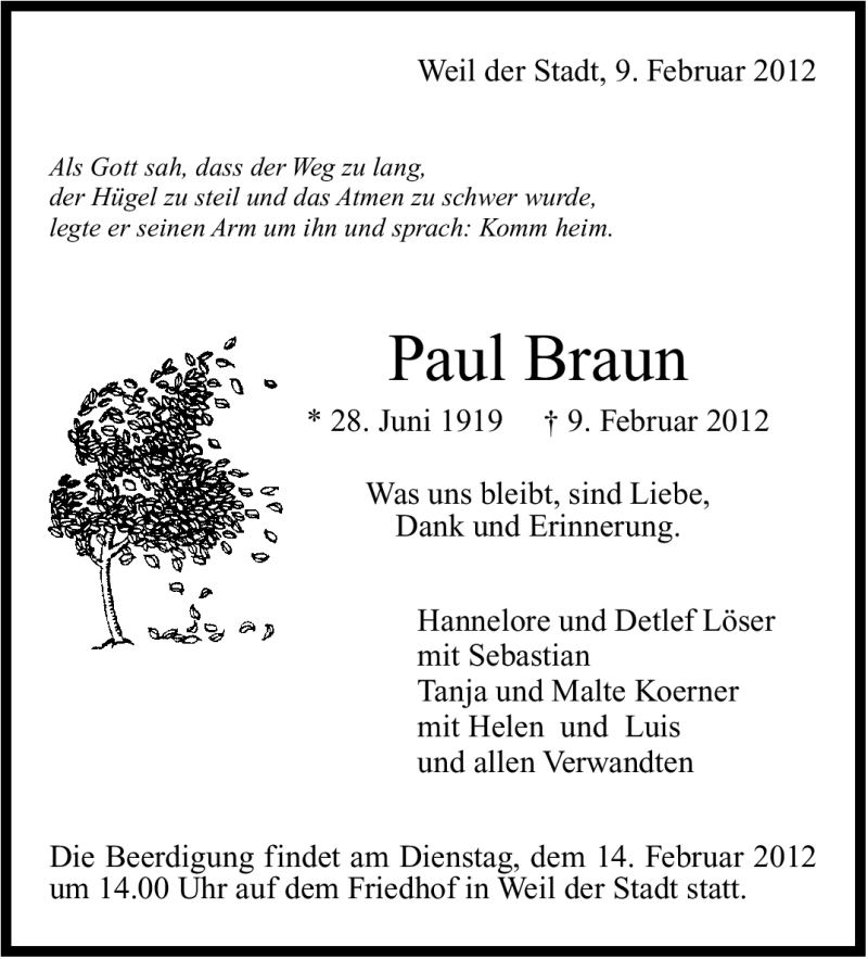  Traueranzeige für Paul Braun vom 11.02.2012 aus Leonberger Kreiszeitung / Strohgäu Extra
