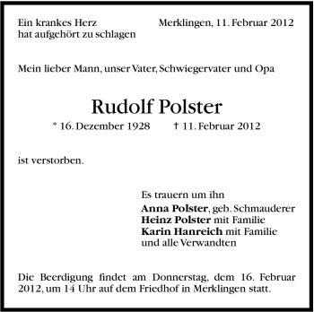 Traueranzeige von Rudolf Polster von Stuttgarter Zeitung / Stuttgarter Nachrichten