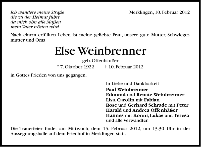  Traueranzeige für Else Weinbrenner vom 13.02.2012 aus Stuttgarter Zeitung / Stuttgarter Nachrichten