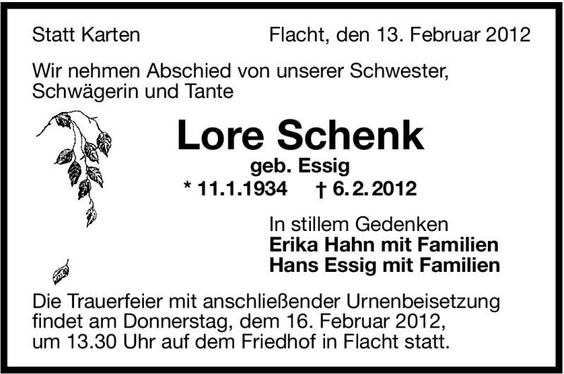  Traueranzeige für Lore Schenk vom 14.02.2012 aus Stuttgarter Zeitung / Stuttgarter Nachrichten