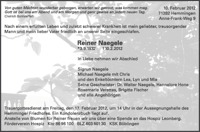  Traueranzeige für Reiner Naegele vom 15.02.2012 aus Leonberger Kreiszeitung / Strohgäu Extra
