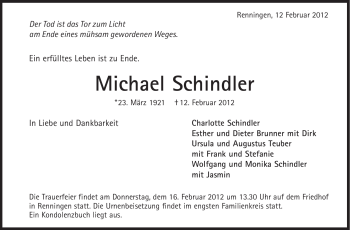 Traueranzeige von Michael Schindler von Stuttgarter Zeitung / Stuttgarter Nachrichten