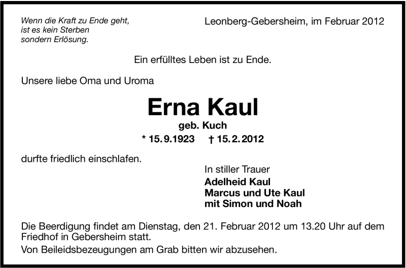  Traueranzeige für Erna Kaul vom 18.02.2012 aus Stuttgarter Zeitung / Stuttgarter Nachrichten