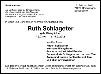 Traueranzeige von Ruth Schlageter von Leonberger Kreiszeitung / Strohgäu Extra
