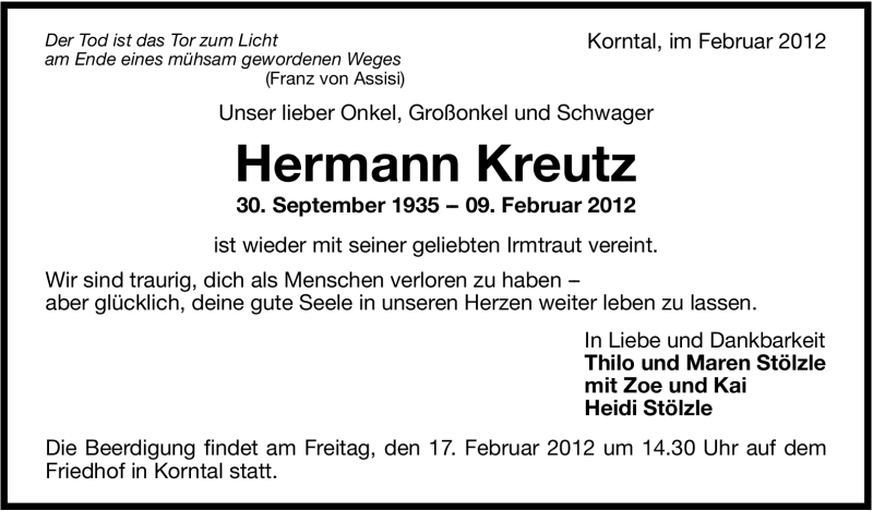  Traueranzeige für Hermann Kreutz vom 17.02.2012 aus Stuttgarter Zeitung / Stuttgarter Nachrichten