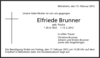 Traueranzeige von Elfriede Brunner von Leonberger Kreiszeitung / Strohgäu Extra