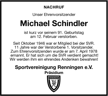 Traueranzeige von Michael Schindler von Stuttgarter Zeitung / Stuttgarter Nachrichten