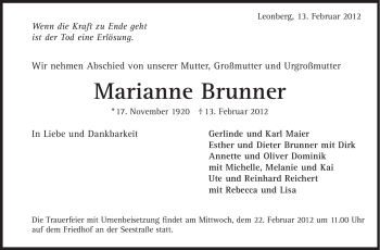 Traueranzeige von Marianne Brunner von Leonberger Kreiszeitung / Strohgäu Extra