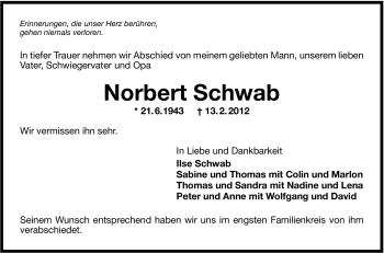 Traueranzeige von Norbert Schwab von Stuttgarter Zeitung / Stuttgarter Nachrichten