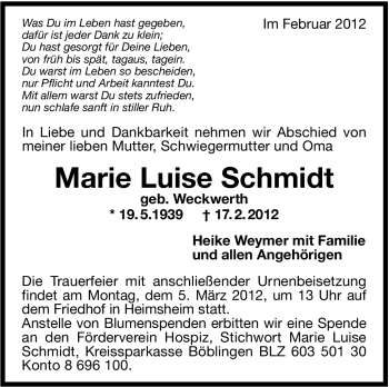 Traueranzeige von Marie Luise Schmidt von Leonberger Kreiszeitung / Strohgäu Extra