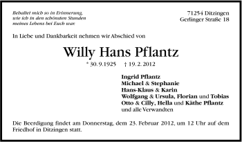 Traueranzeige von Willy Hans Pflantz von Leonberger Kreiszeitung / Strohgäu Extra