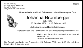 Traueranzeige von Johanna Bromberger von Stuttgarter Zeitung / Stuttgarter Nachrichten