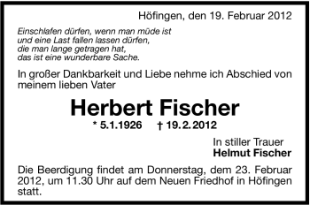 Traueranzeige von Herbert Fischer von Stuttgarter Zeitung / Stuttgarter Nachrichten
