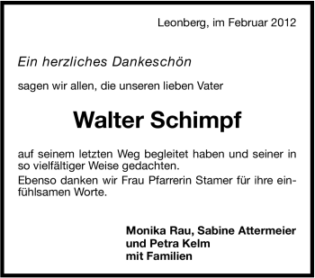 Traueranzeige von Walter Schimpf von Stuttgarter Zeitung / Stuttgarter Nachrichten