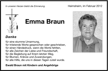 Traueranzeige von Emma Braun von Leonberger Kreiszeitung / Strohgäu Extra