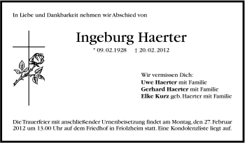 Traueranzeige von Ingeburg Haerter von Stuttgarter Zeitung / Stuttgarter Nachrichten