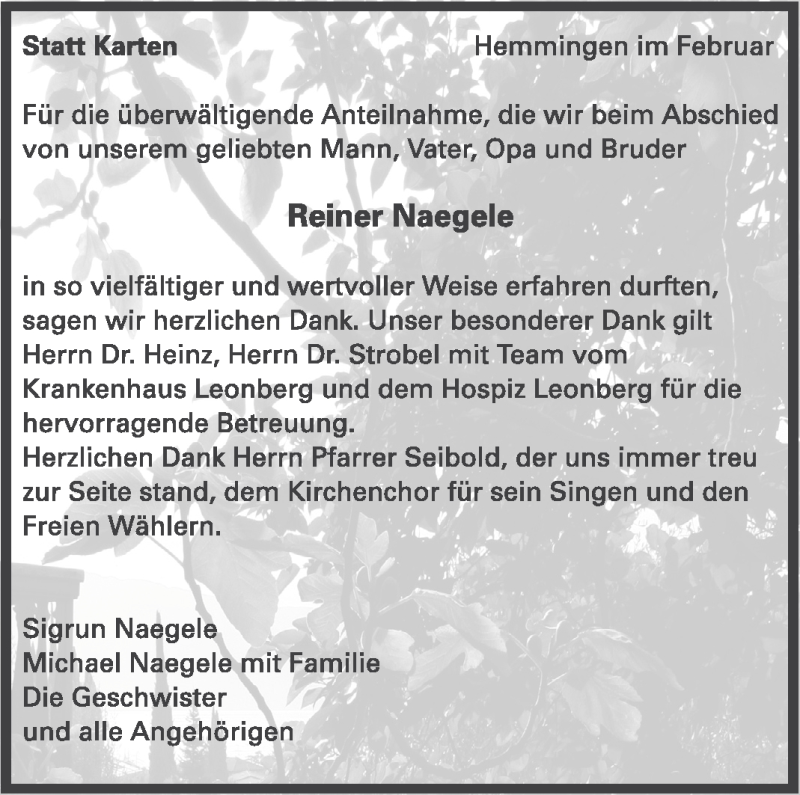  Traueranzeige für Reiner Naegele vom 25.02.2012 aus Leonberger Kreiszeitung / Strohgäu Extra