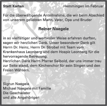 Traueranzeige von Reiner Naegele von Leonberger Kreiszeitung / Strohgäu Extra