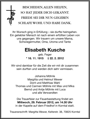 Traueranzeige von Elisabeth Kusche von Stuttgarter Zeitung / Stuttgarter Nachrichten