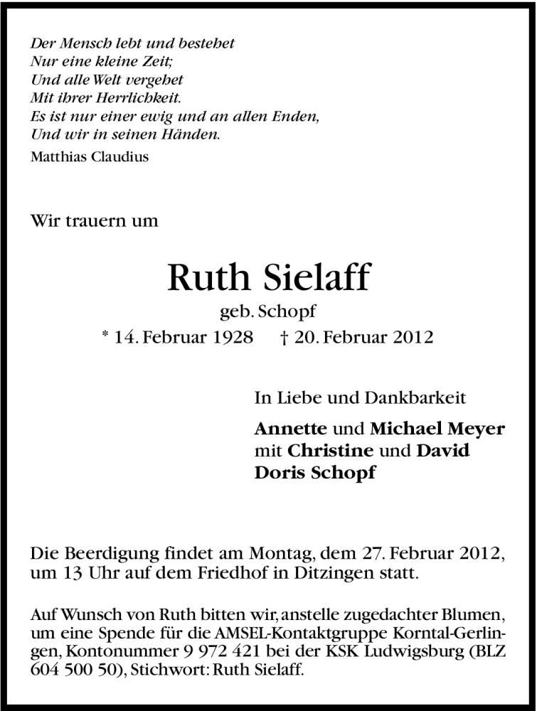 Traueranzeige für Ruth Sielaff vom 23.02.2012 aus Leonberger Kreiszeitung / Strohgäu Extra