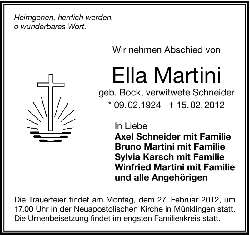  Traueranzeige für Ella Martini vom 24.02.2012 aus Stuttgarter Zeitung / Stuttgarter Nachrichten